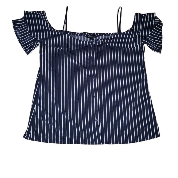 Banana Republic Off Shoulder Ruffle Blue Striped Top Women's Small Coastal Beach - Picture 1 of 9